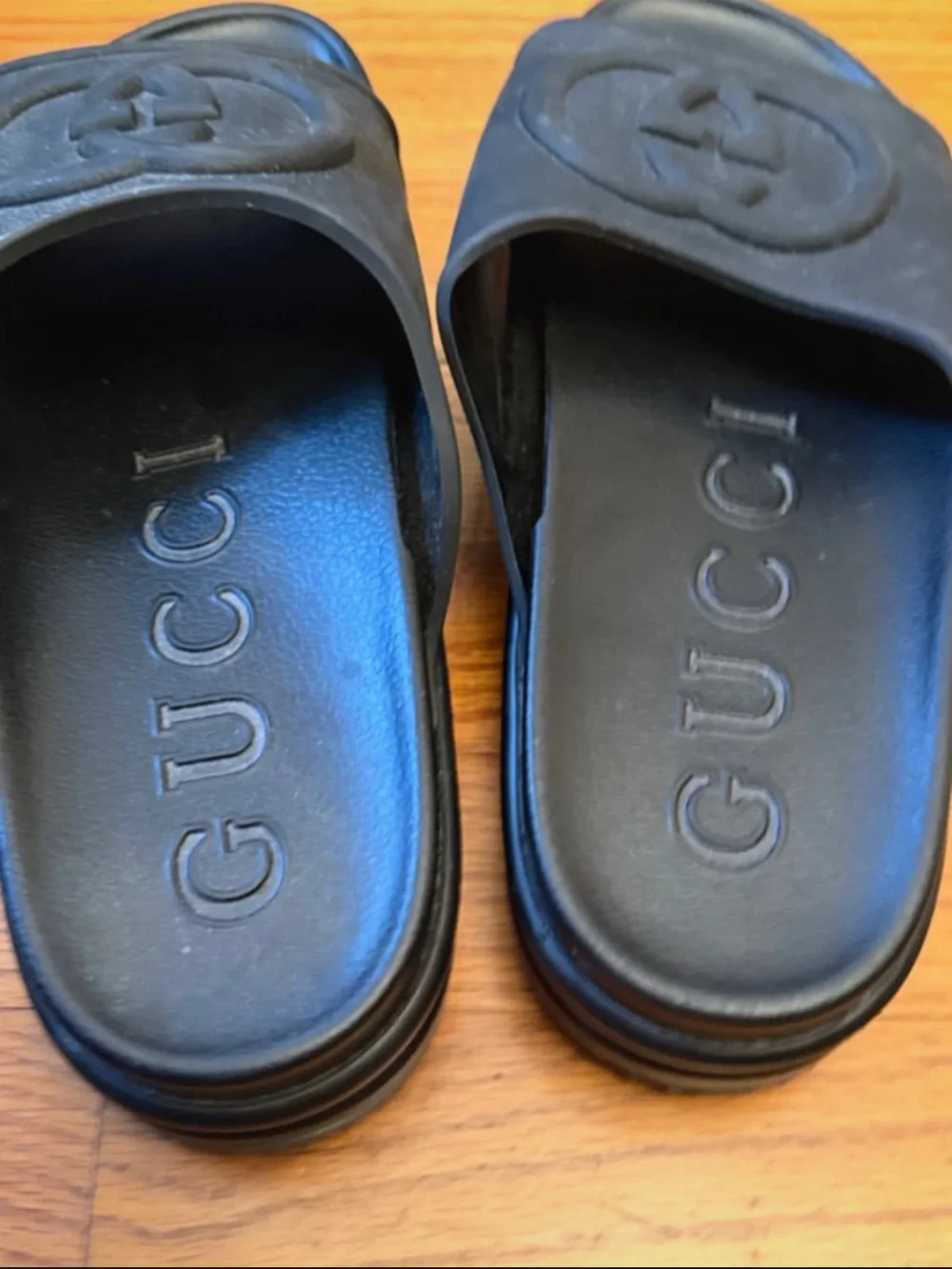 Gucci Black Logo Embossed Rubber Slide Sandals